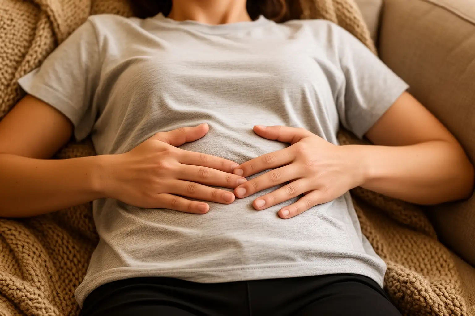 Entspannte Person im T-Shirt legt beide Hände zur sanften Bauchmassage auf den Bauch