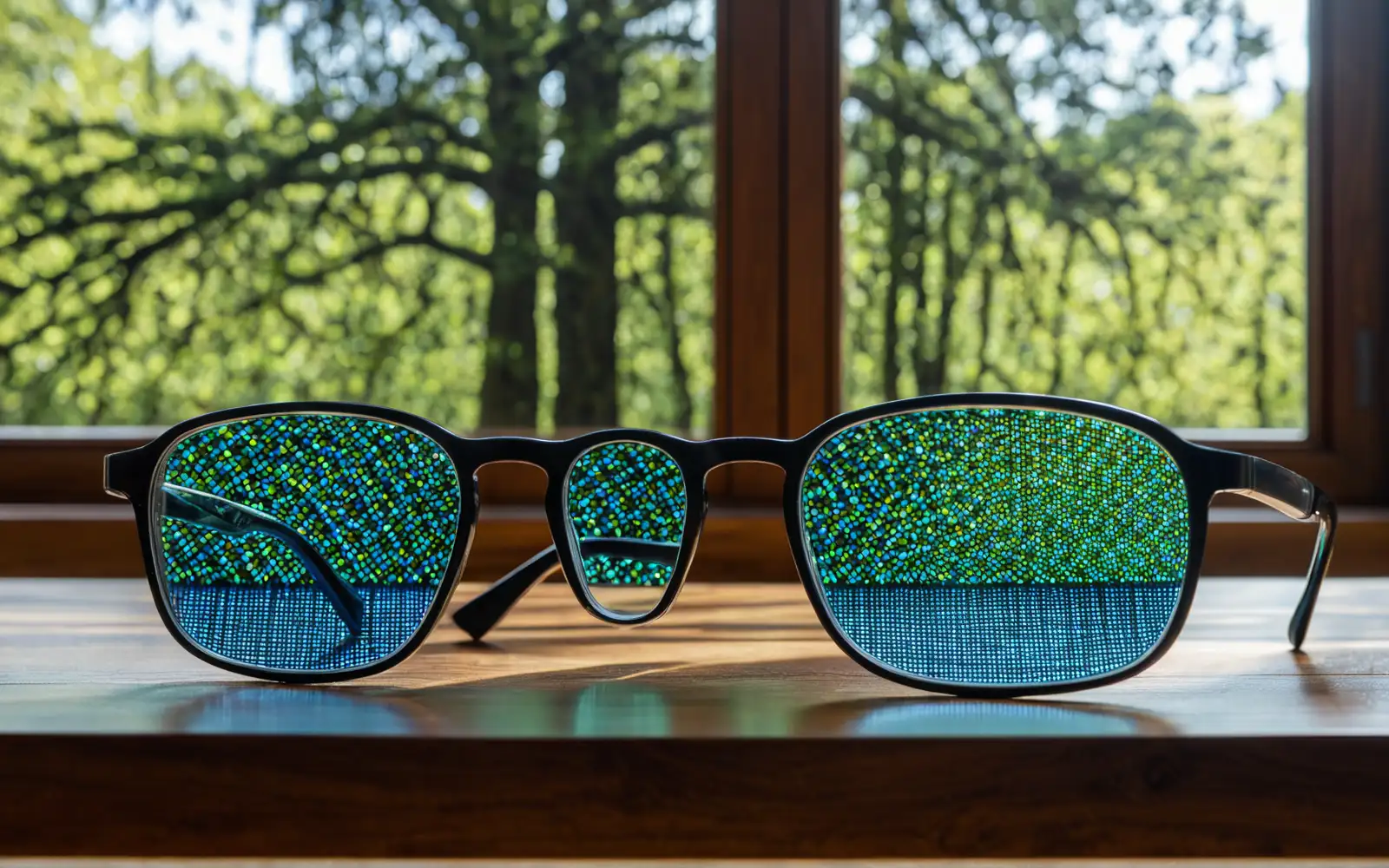 Brille auf einem Holztisch, deren eine Glasseite ein kaltes blaues Bildschirmraster spiegelt und die andere warme fraktale Baumäste als Sinnbild für Bildschirm und natürliches Sehen