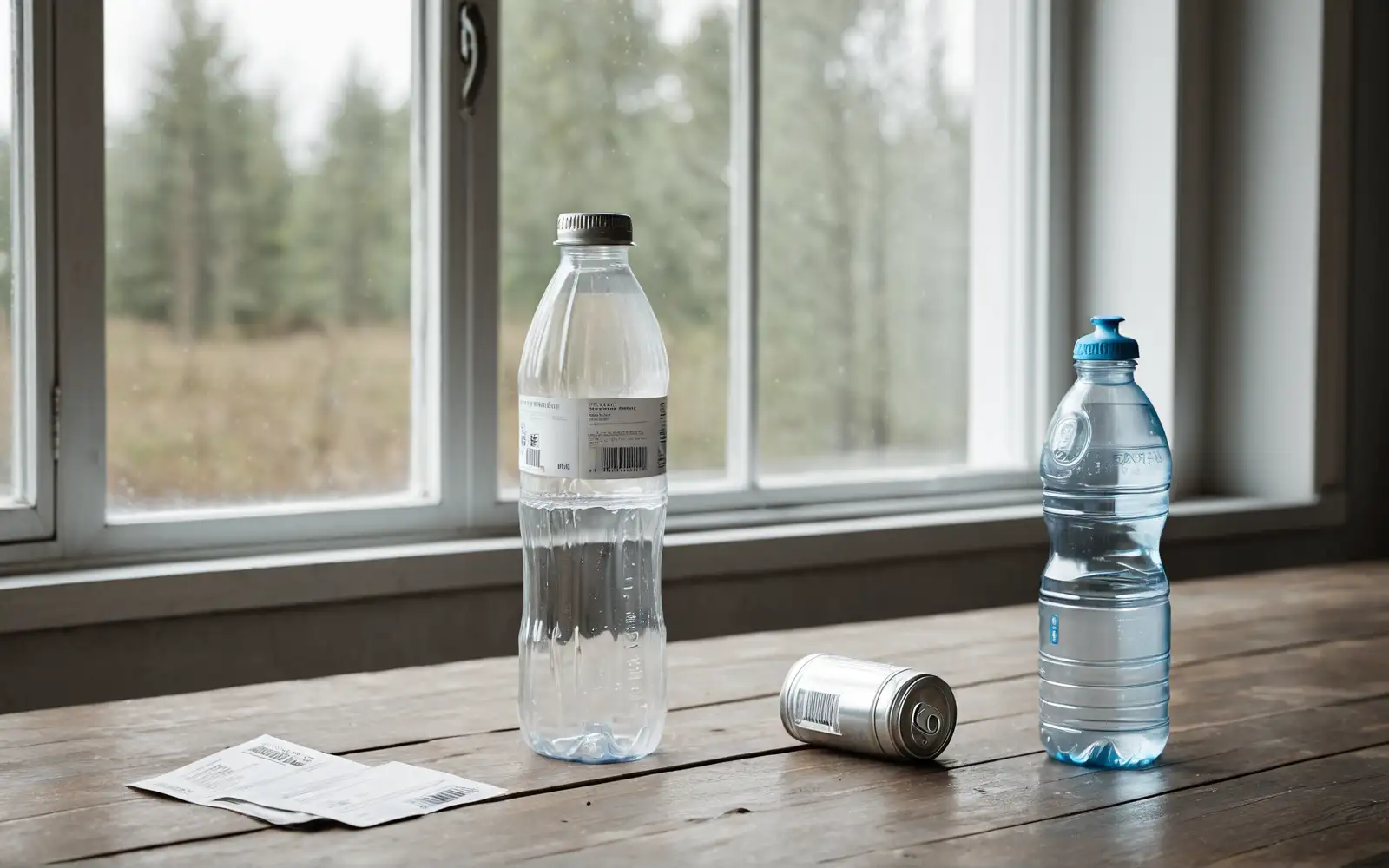 Plastikflasche mit BPA-frei-Etikett neben Konservendose und Kassenbon, Symbol für die unsichere Substitution durch BPF und BPS