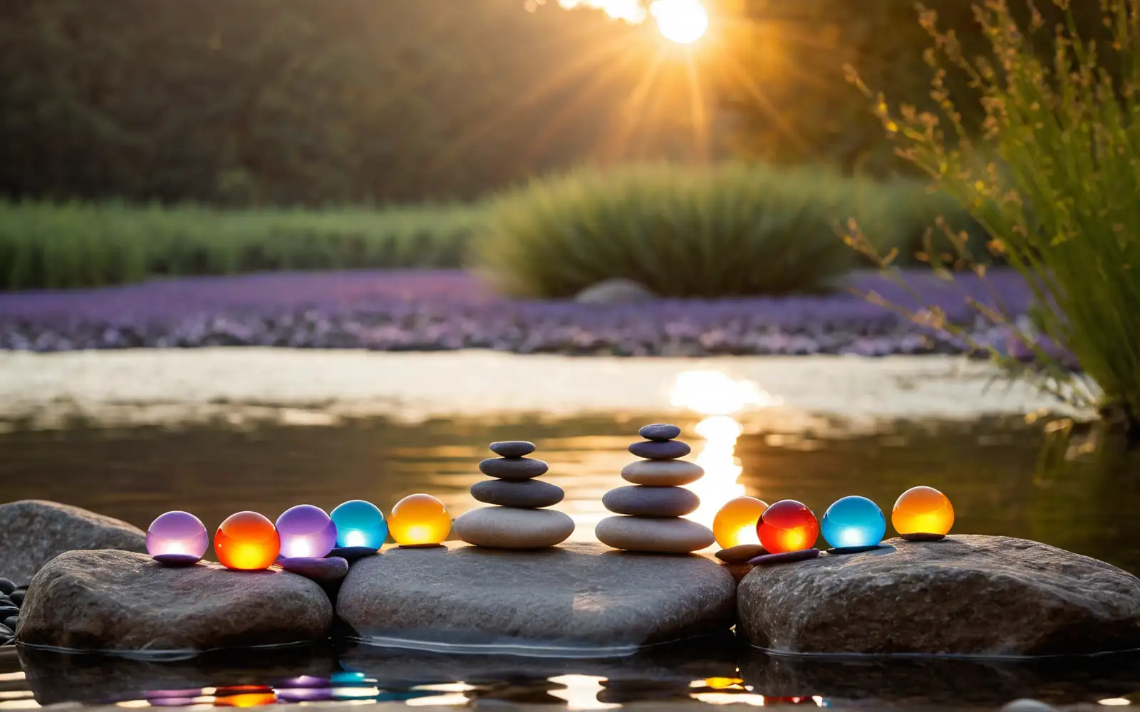 Sieben leuchtende Chakra-Farben entlang einer meditativen Silhouette im warmen Licht