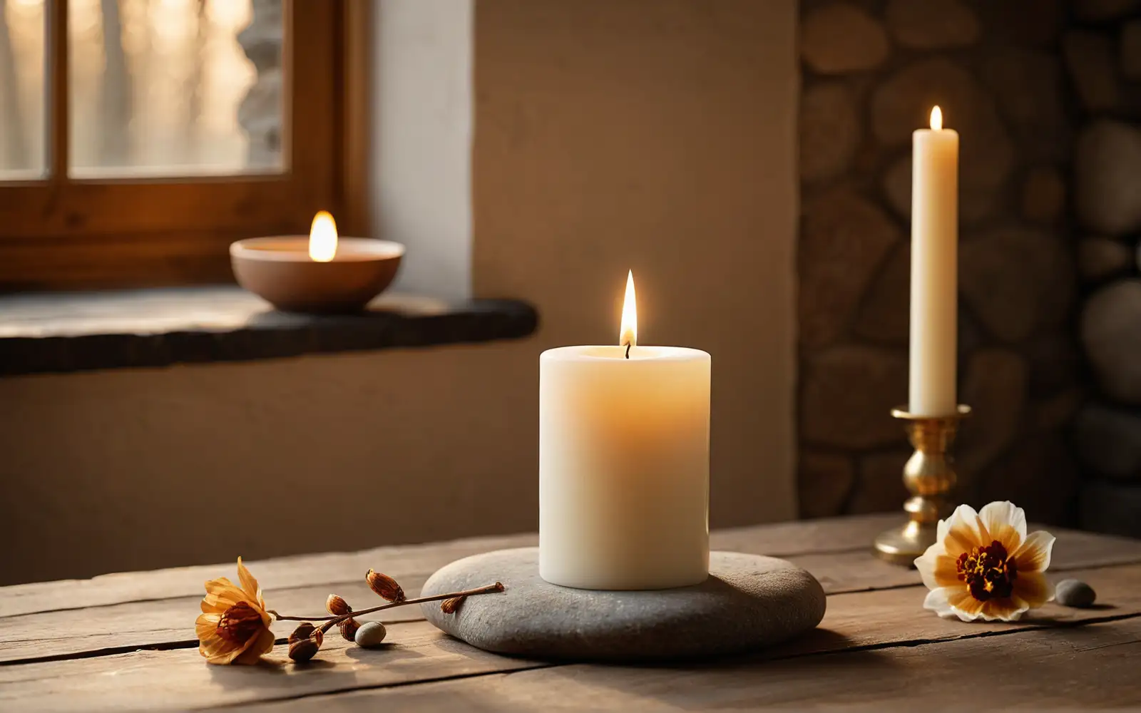 Brennende weiße Kerze auf glattem Stein, mit getrockneter Blume auf rustikalem Holztisch im warmen Morgenlicht