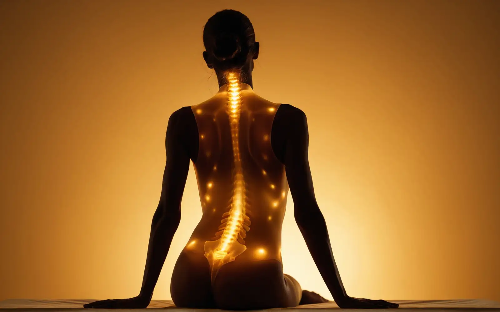 Ätherische Silhouette mit verteilten leuchtenden Schmerzpunkten an Nacken, Schultern, Rücken, Hüfte und Beinen als Sinnbild für den generalisierten Schmerz bei Fibromyalgie