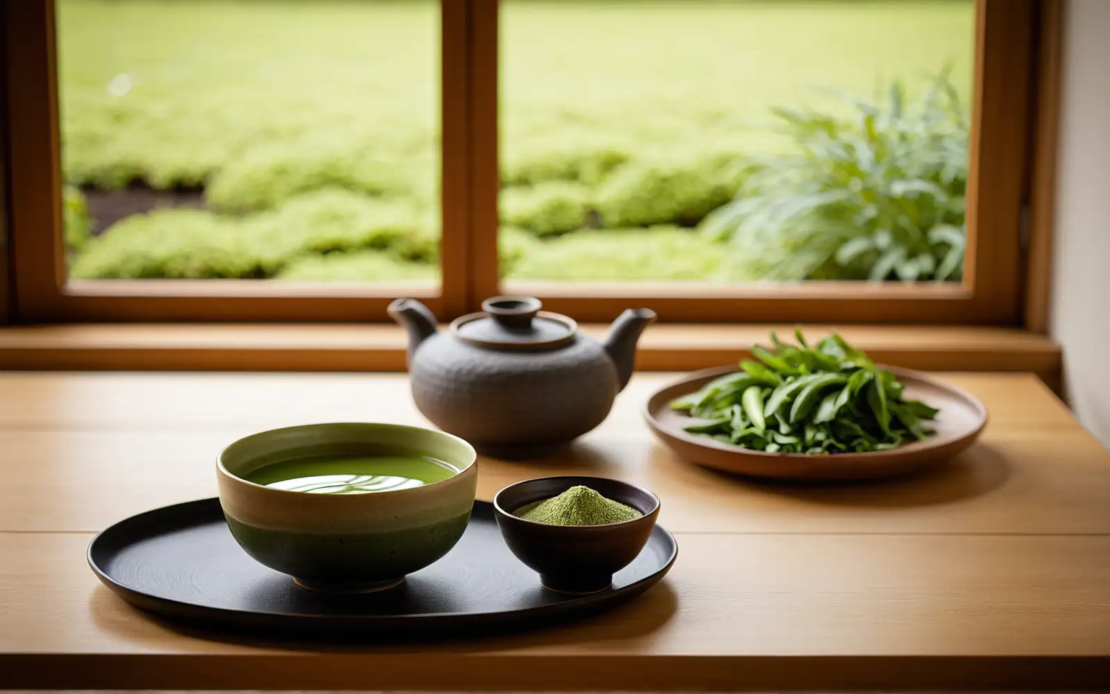 Traditionelle japanische Teeschale auf Holztisch mit frischem Gemüse und Ingwer