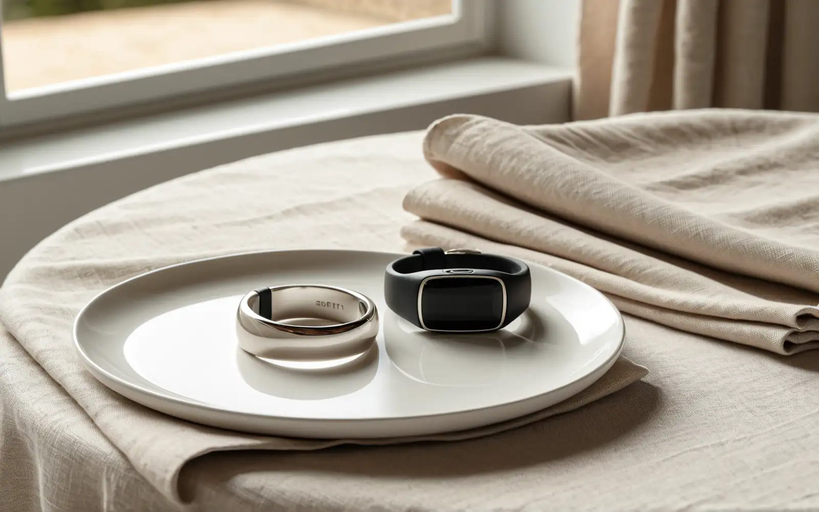 Smart Ring und Fitnessarmband auf hellem Leinen neben einem leeren Teller und einem umgedrehten Weinglas als Sinnbild für den vermessenen Körper im Longevity-Hype