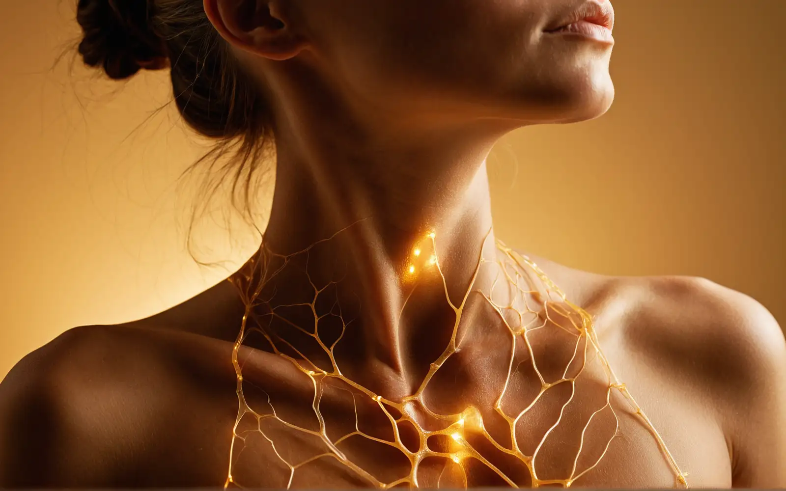 Anatomisch-stilisierte Darstellung des Lymphbahnen-Netzes am Hals und Schlüsselbein einer Frau in warmen Bernsteintönen als Sinnbild für die zentralen Lymphknotenregionen