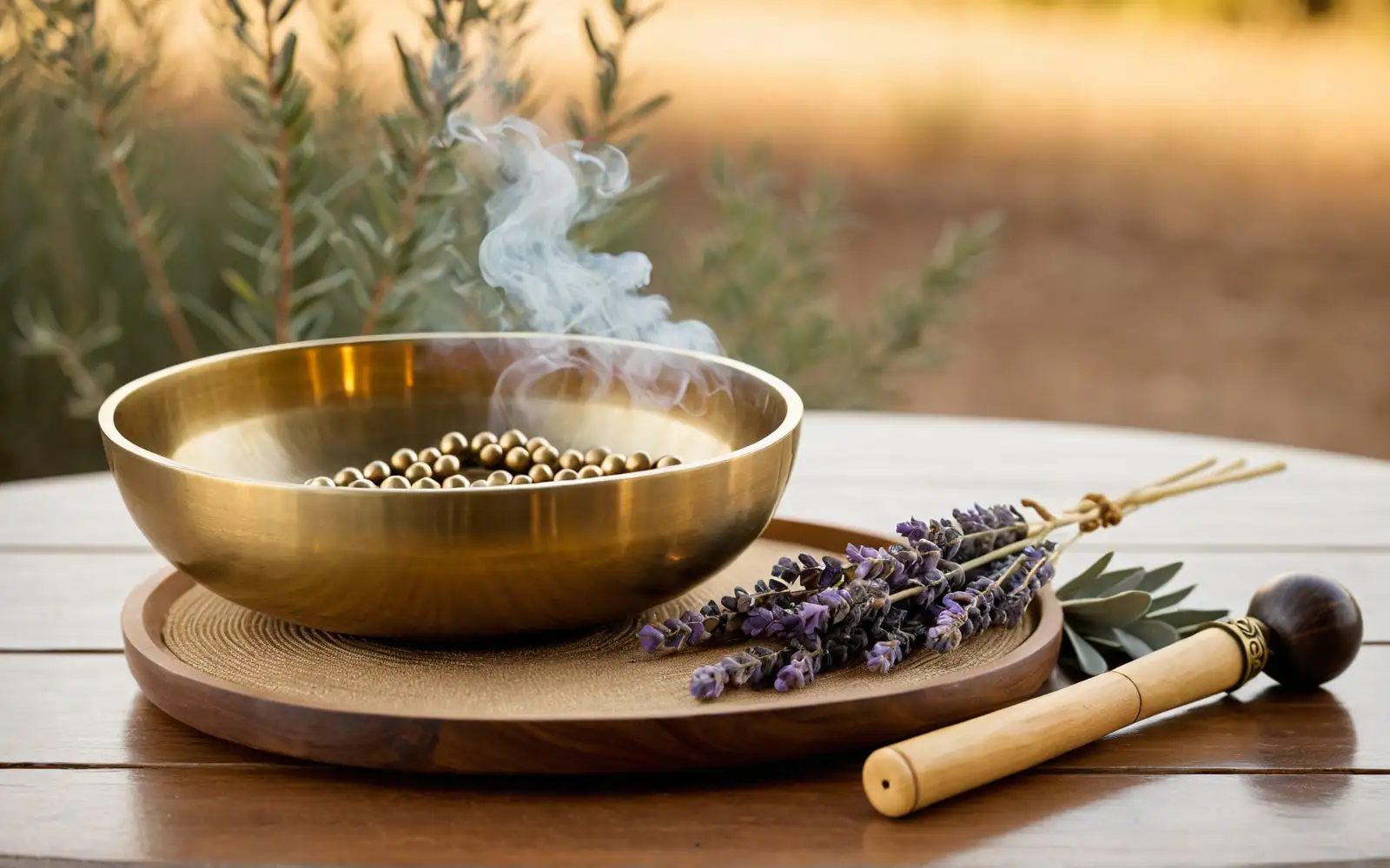 Goldene Klangschale mit Mala-Kette und Lavendel auf Holztisch im warmen Morgenlicht