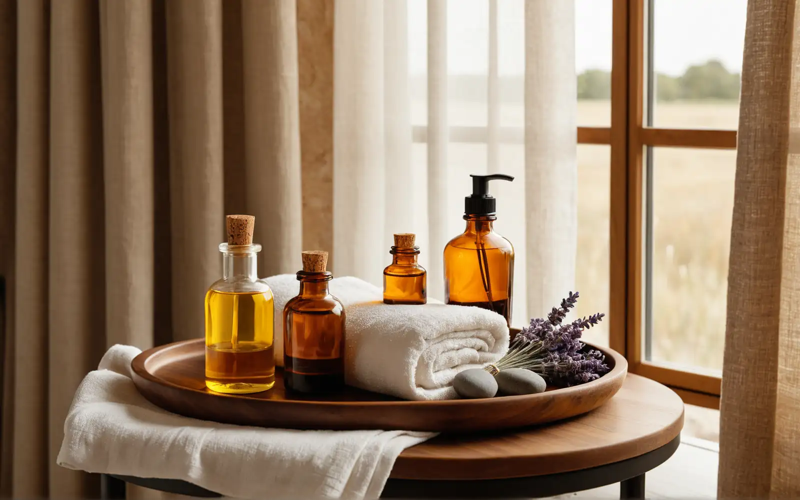 Stillleben mit Bernstein-Massageölflaschen, gerollten Leinentüchern und Lavendel auf einem Holzbrett am Fenster im warmen Tageslicht als Sinnbild für die ruhige, sanfte Wirkung von Massage auf den Hormonhaushalt