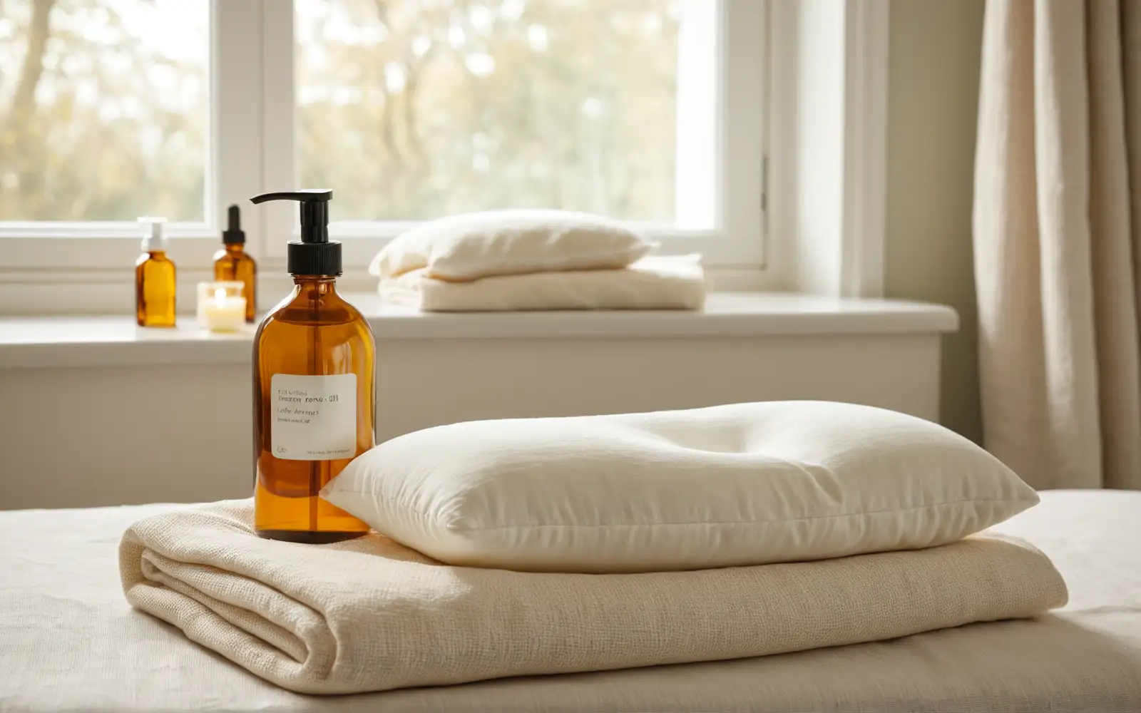 Stillkissen, gefaltete Babydecke und ein Fläschchen Massageöl auf hellem Leinen als Sinnbild für Massage nach der Geburt