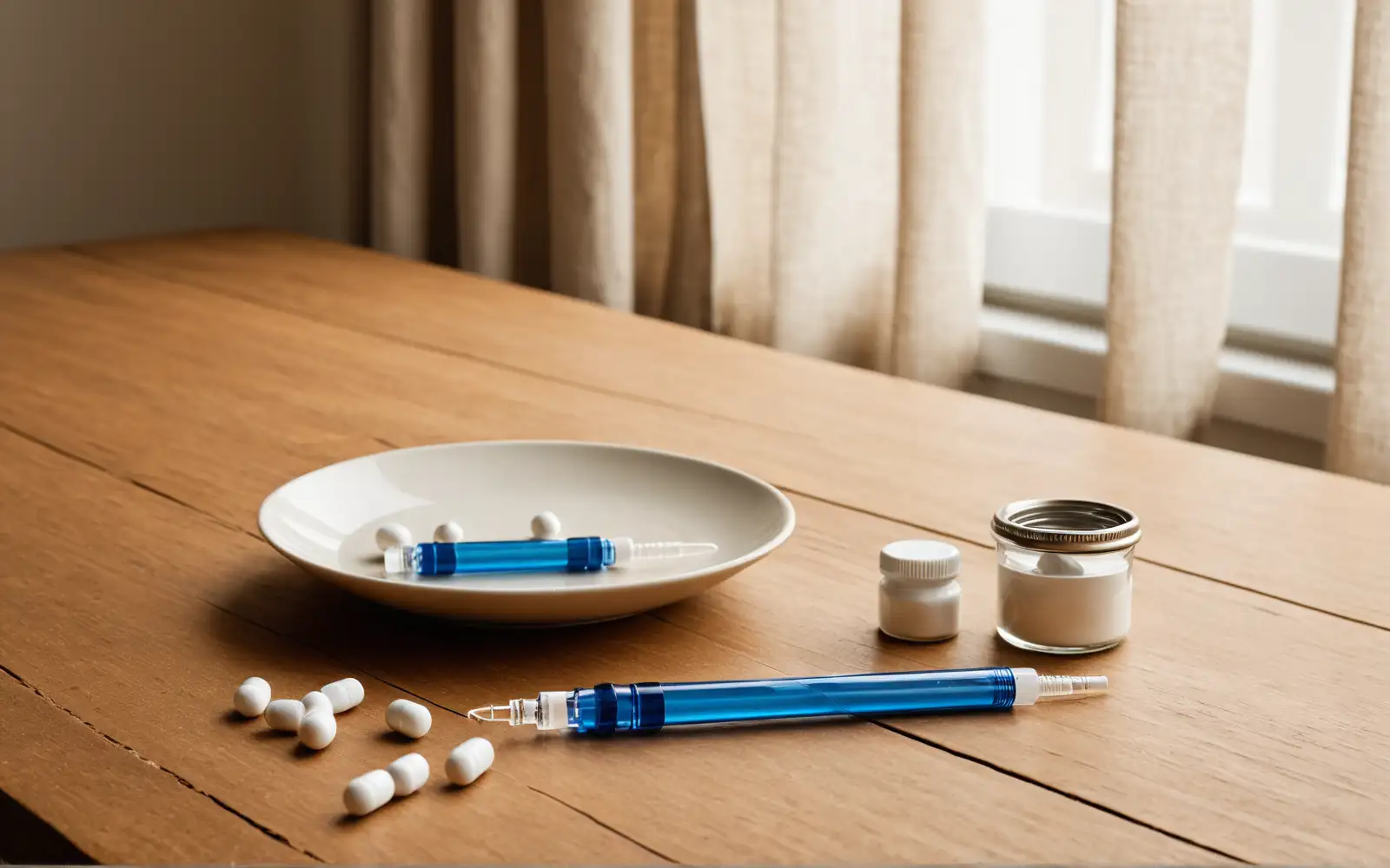 Stillleben mit Insulinpen auf einem leeren Teller, daneben Tabletten und ein kleines Glasgefäß auf hellem Holztisch im warmen Tageslicht als Sinnbild für Ozempic und die Frage nach echter Sättigung