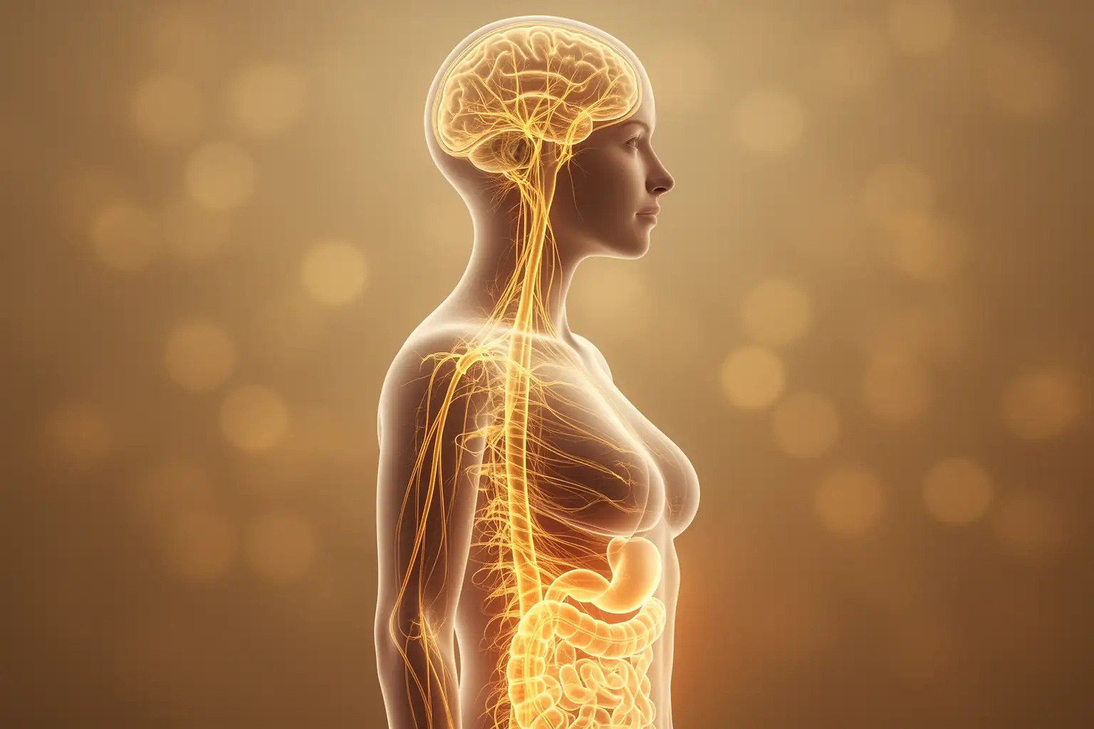 Ruhige, warme Darstellung des Nervensystems und der Verbindung zwischen Gehirn und Körper