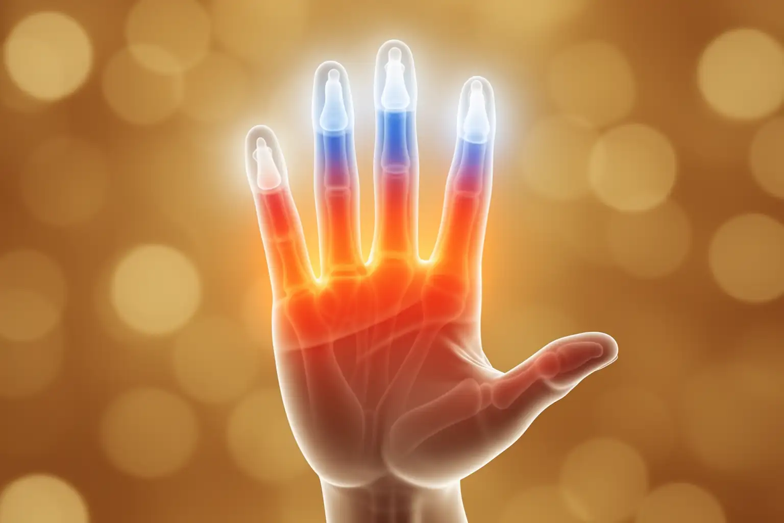 Anatomische Darstellung einer Hand mit warm leuchtender Handfläche und kühlen, weiß-bläulichen Fingerspitzen - Sinnbild für die Vasokonstriktion beim Raynaud-Syndrom