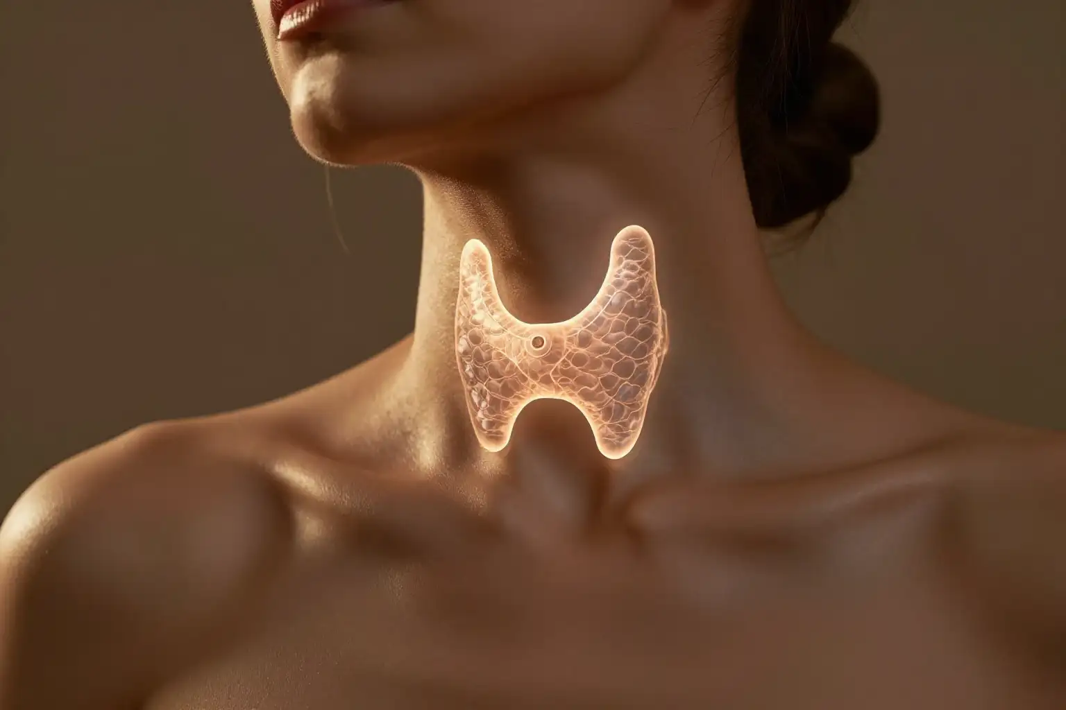 Sanfte Darstellung einer Schilddrüse im Halsbereich, warme Farben, ruhig und medizinisch-ästhetisch
