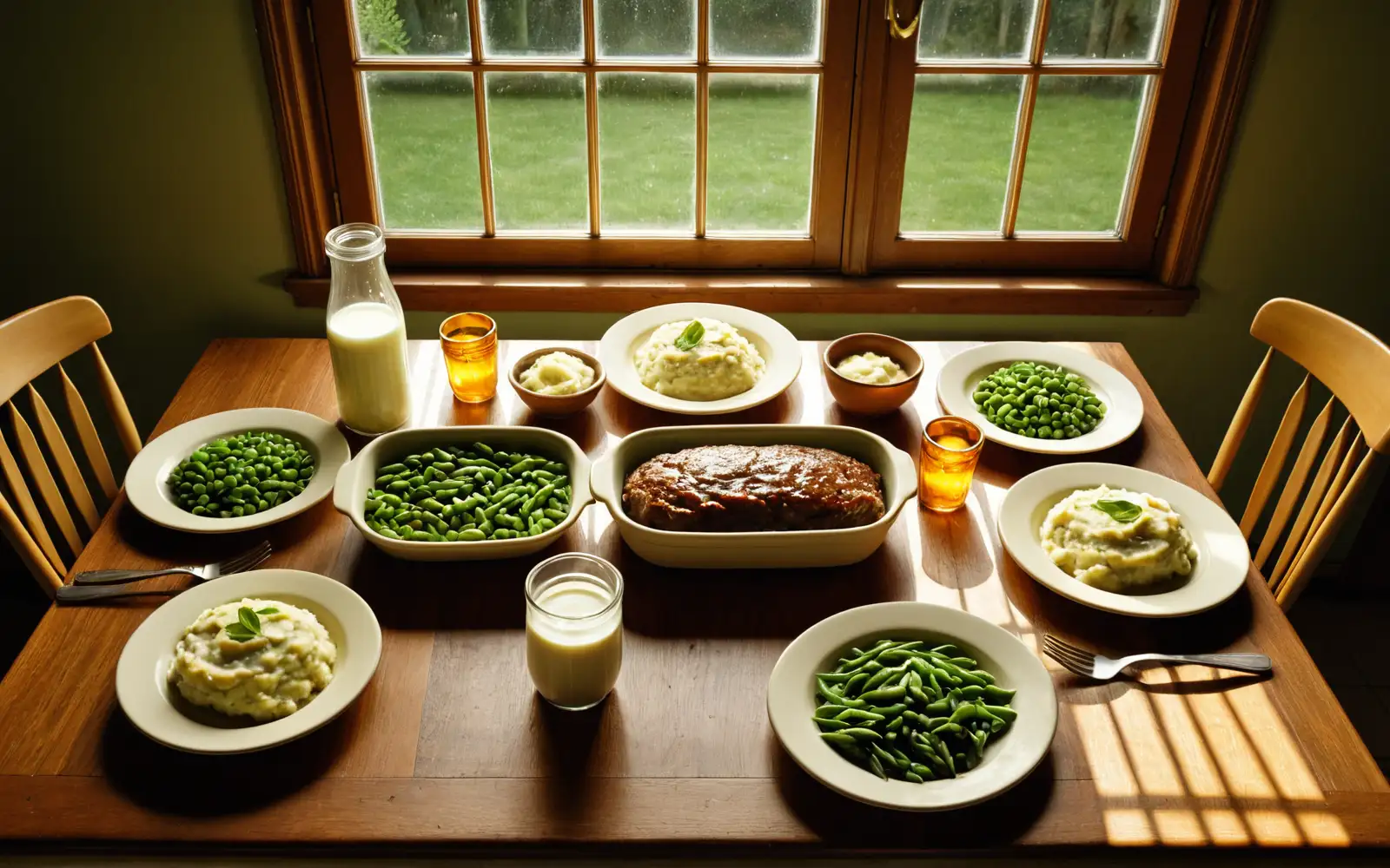 Vintage Esstisch der 1970er Jahre mit kleinen Tellern und einfacher hausgemachter Mahlzeit als Symbol für die schlankere Zeit