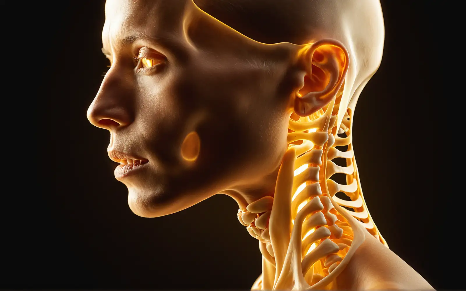 Ätherische anatomische Illustration von Kiefergelenk, Ohr und oberer Halswirbelsäule, verbunden durch warm leuchtende Linien als Sinnbild für den Zusammenhang von Anspannung und Hören