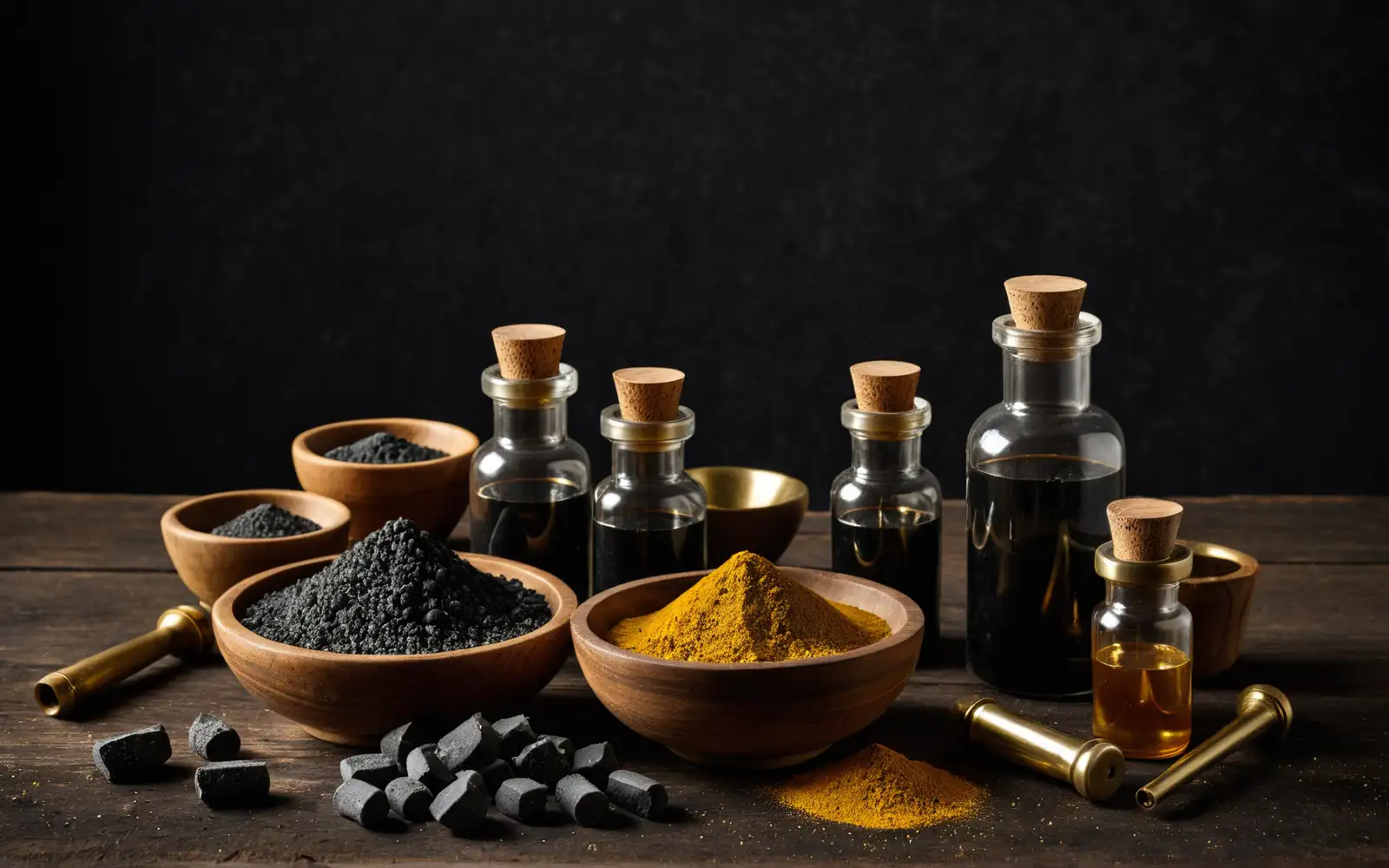 Dunkles Apotheker-Stillleben mit kleinen Glasvials, Aktivkohle und Zeolith-Pulver auf altem Holztisch als Sinnbild für sorgfältige Schwermetallausleitung