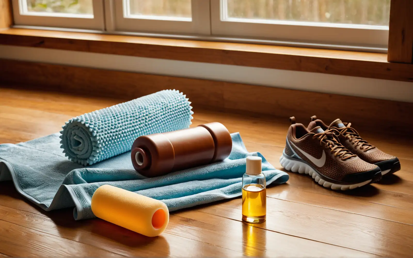 Laufschuhe, eine Faszienrolle, ein zusammengerolltes Handtuch und ein Fläschchen Massageöl auf warmem Holzboden als Sinnbild für Sportmassage und Regeneration
