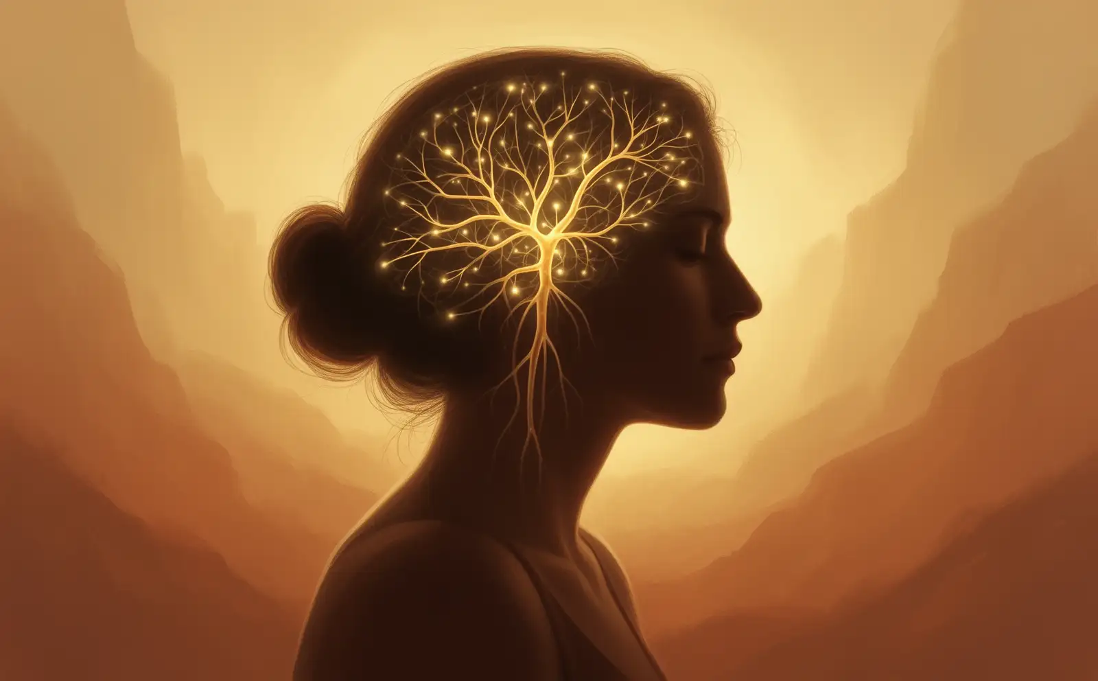 Warmes, nachdenkliches Porträt einer Silhouette mit leuchtenden neuronalen Verbindungen - zwischen Verletzlichkeit und innerer Stärke