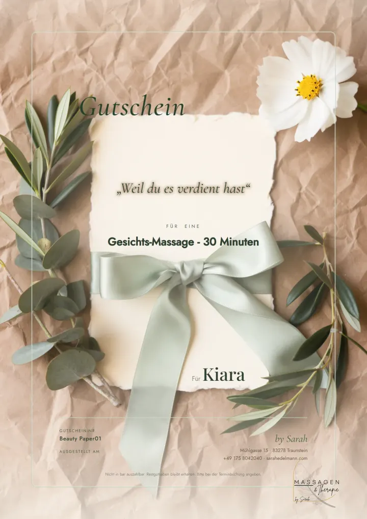 Eleganter Massage-Gutschein mit Eukalyptus und Geschenkschleife