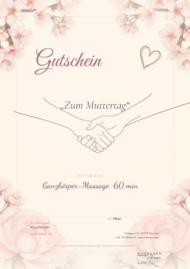 Massage-Gutschein zum Muttertag mit Kirschblüten