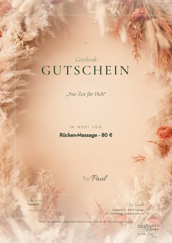 Massage-Gutschein mit Trockenblumen im Boho-Stil